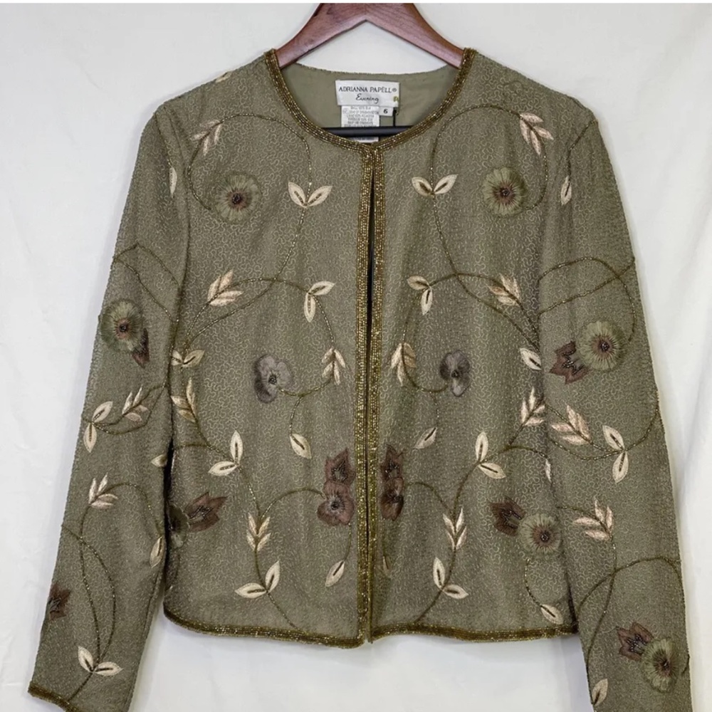 Adrianna Papell Sz 6 Evening Beige Floral Silk Beaded & Sequin Jacket Topper